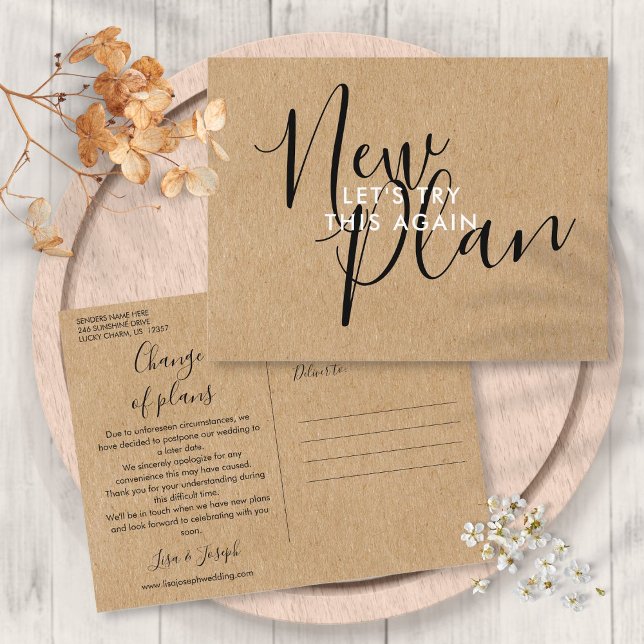 Carte Postale Faire-part Changement de date nouveau plan rustique pour un é (Rustic New Plan Change the Date Postponed Event Announcement Postcard)