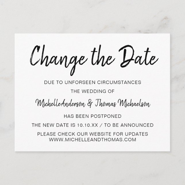Carte Postale Faire-part Changement de date simple noir et blanc (Devant)