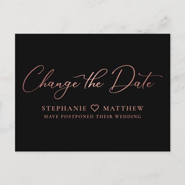 Carte Postale Faire-part Changer la date Elegant Rose Gold Script Noir (Devant)