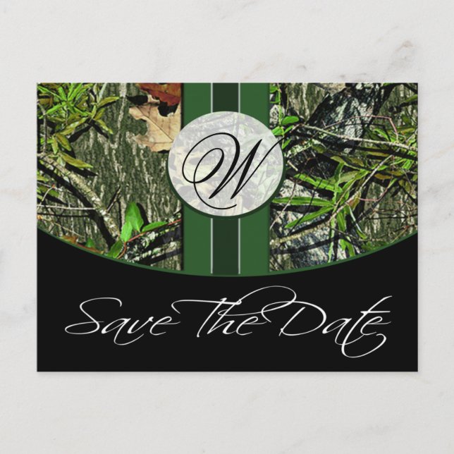 Carte Postale Faire-part Chasseur Monogramme Camo Mariage Sauvez les dates (Devant)