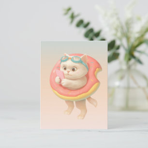 Carte Postale Faire-part Chat sur flotteur de piscine en donut