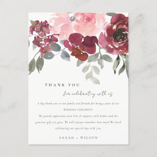 CARTE POSTALE FAIRE-PART CHIC BLUSH BURGUNDY ROSE FLORAL MARIAGE MERCI