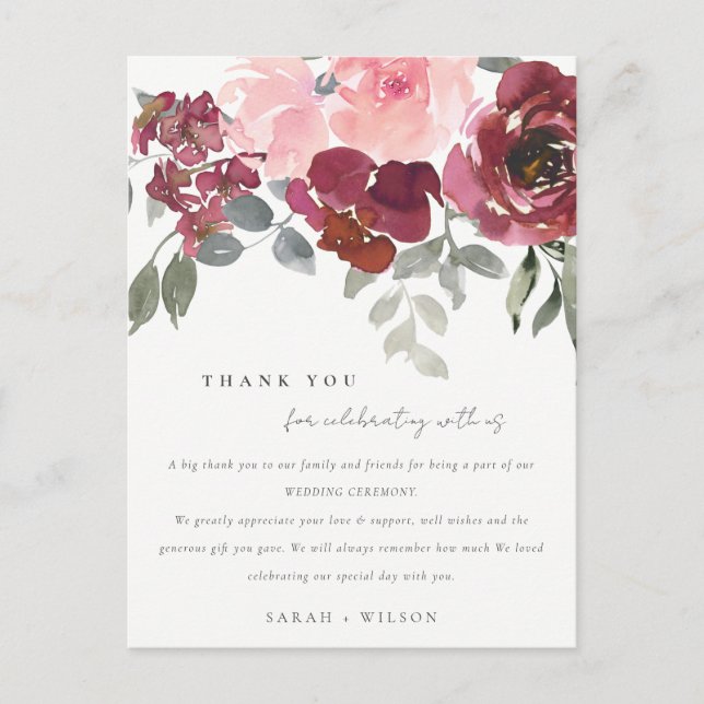 CARTE POSTALE FAIRE-PART CHIC BLUSH BURGUNDY ROSE FLORAL MARIAGE MERCI (Devant)
