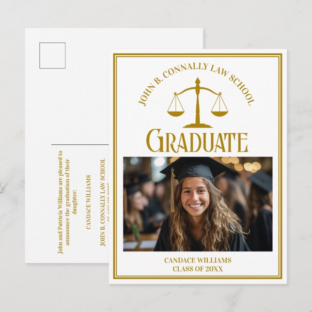 Carte Postale Faire-part Chic Gold Law School Graduation Photo (Devant / Derrière)