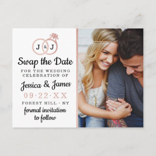 Carte Postale Faire-part Chic Monogramme Mariage Anneaux Enregistrer Ou Éch