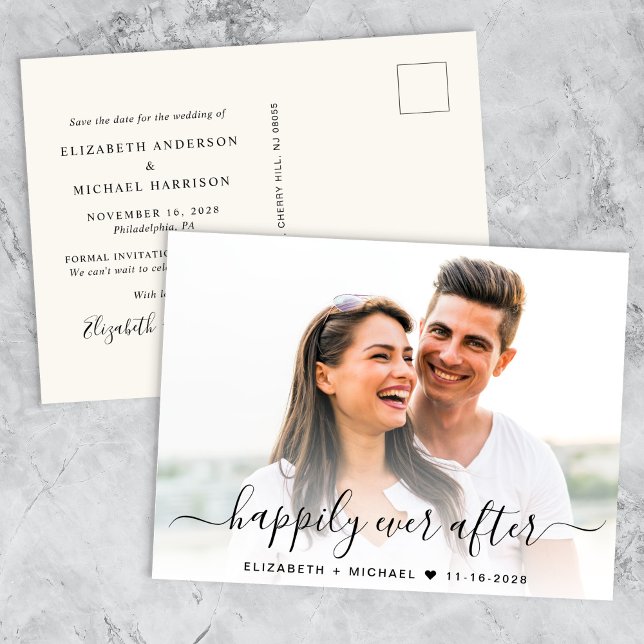 Carte Postale Faire-part Chic Script Photo Overlay Cream Enregistrer La Dat (A chic happily ever after photo save the date announcement)