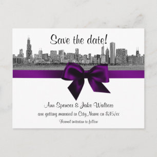 Carte Postale Faire-part Chicago Skyline Etched BW Purple Enregistrer la da
