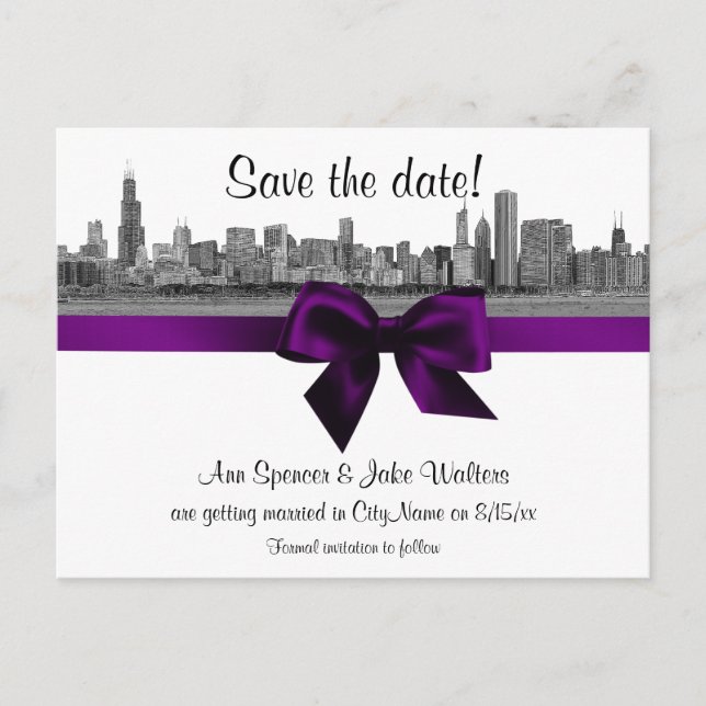 Carte Postale Faire-part Chicago Skyline Etched BW Purple Enregistrer la da (Devant)