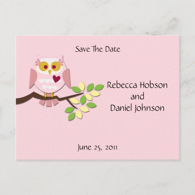 Carte Postale Faire-part Chouette rose Enregistrer La Date (Devant)