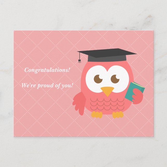 Carte Postale Faire-part Chouette rose mignonne pour la graduation (Devant)