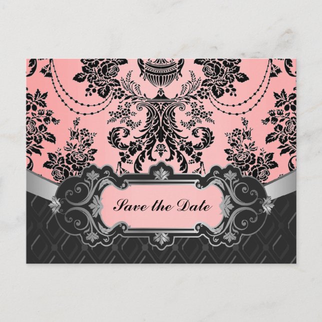 Carte Postale Faire-part Clair rose et noir Mariage damassé Enregistrer les (Devant)