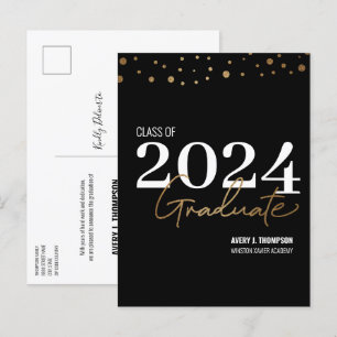 Carte Postale Faire-part Classe de 2024 Graduate Black Gold Graduation