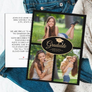 Carte Postale Faire-part Classe photo Black Gold Graduation 2024