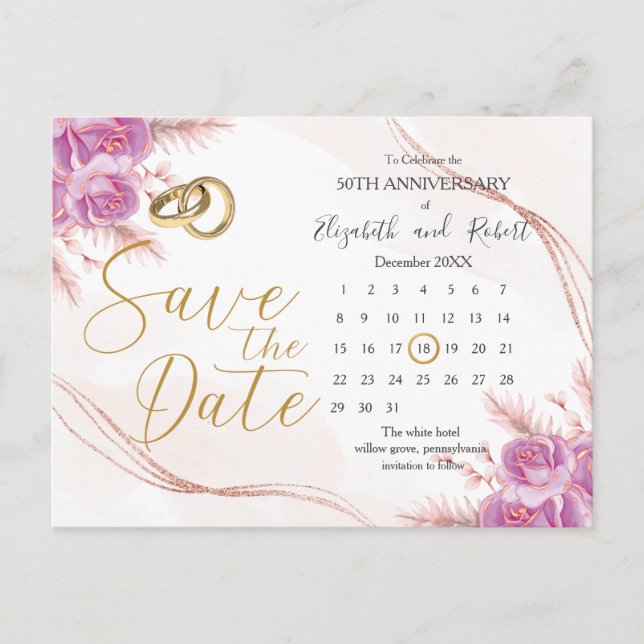 Carte Postale Faire-part Classic Floral Gold 50th Anniversary Enregistrer l (Devant)