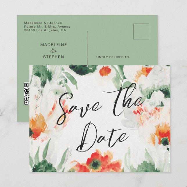 Carte Postale Faire-part Code QR Fleur sauvage vert et orange Enregistrer l (Devant / Derrière)