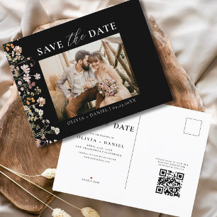 Carte Postale Faire-part Code QR noir Fleur sauvage Floral Mariage