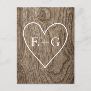 Carte Postale Faire-part Coeur & initiales bois mariage rustique Enregistre