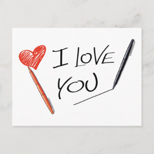 Carte Postale Faire-part Cœur Rouge Noir Je t'aime Stylo Mariage Fiançaille