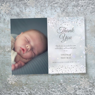 Carte Postale Faire-part Coeurs d'argent Merci Photo Hiver Bébé Naissance