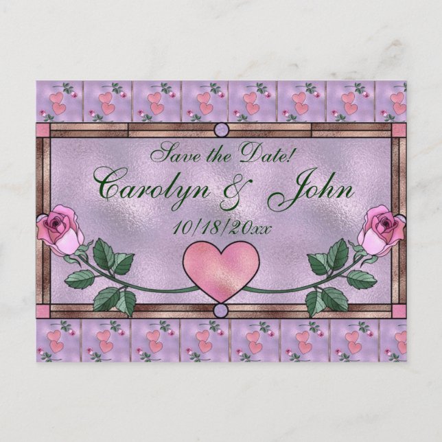 Carte Postale Faire-part Cœurs et Roses Sauvegarder la Date (Devant)