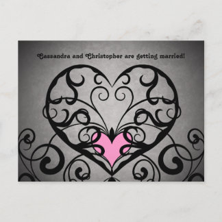 Carte Postale Faire-part Coeurs romantiques roses sur mariage gris enregist
