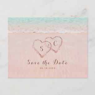 Carte Postale Faire-part Cœurs roses sur la plage dans le sable enregistrer