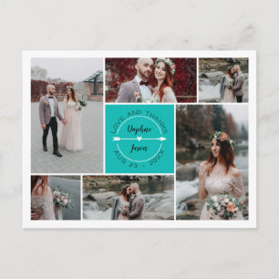 Carte Postale Faire-part Collage photo du Mariage du Merci turquoise