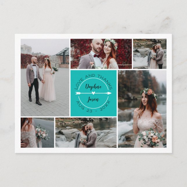 Carte Postale Faire-part Collage photo du Mariage du Merci turquoise (Devant)