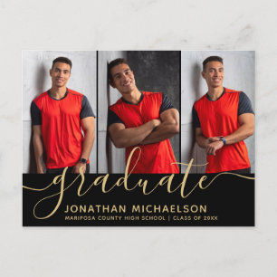 Carte Postale Faire-part Collage photo moderne Black Gold Graduation