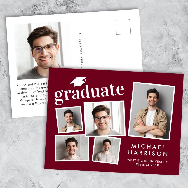 Carte Postale Faire-part Collage photo moderne Bourgogne Red Graduation (Cherish the milestone: share your graduate's achievement with a custom photo graduation announcement)