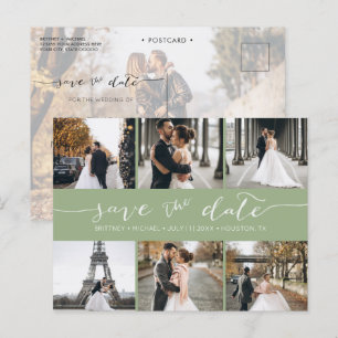 Carte Postale Faire-part Collage photo moderne Enregistrer la date Sage ver