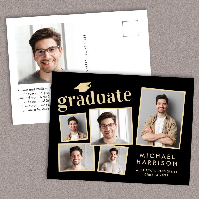 Carte Postale Faire-part Collage Photo Moderne Noir Or Diplômé (Cherish the milestone: share your graduate's achievement with a custom photo graduation announcement)