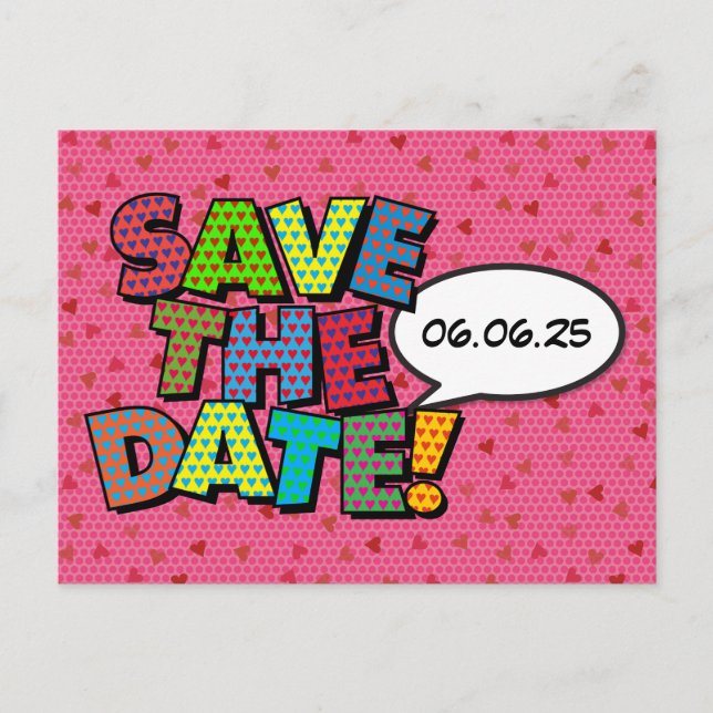 Carte Postale Faire-part Comic Book Enregistrer La Date Cœurs Roses  (Devant)