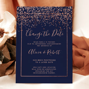 Carte Postale Faire-part Confettis rose gold et bleu marine changement de d