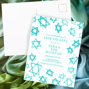 Carte Postale Faire-part Cool aquarelle Aqua Star de David Bar Bat mitzvah