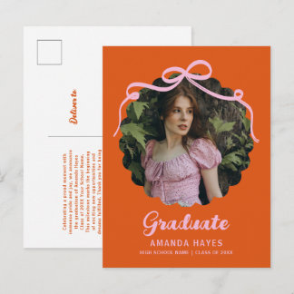 Carte Postale Faire-part Coquette Bow Wavy Orange & Pink Graduation Photo