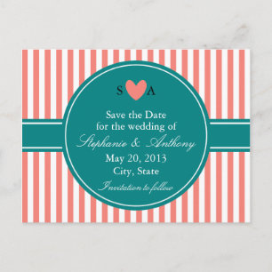 Carte Postale Faire-part Corail rose et blanc rayures, Turquoise Enregistre