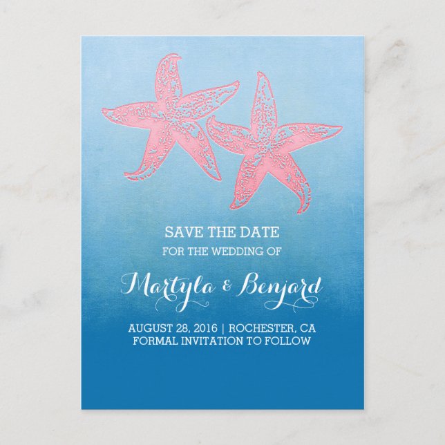 Carte Postale Faire-part Corail starfish couple bleu ombre enregistrer la d (Devant)