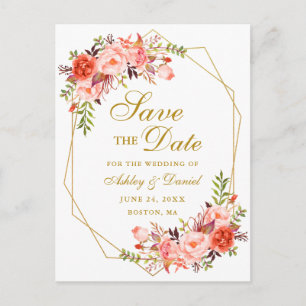 Carte Postale Faire-part Couleur d'eau Coral Cadre d'or floral Enregistrer 