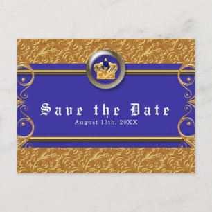 Carte Postale Faire-part Couronne bleu roi et or Élégant Glam Enregistrer l