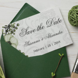 Carte Postale Faire-part Couronne bohème verte et carton de mariage damassé
