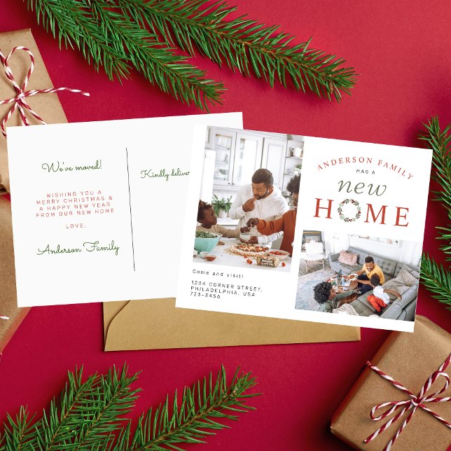 Carte Postale Faire-part Couronne de cerises de Noël Deux Photo Déménagemen (Créateur téléchargé)