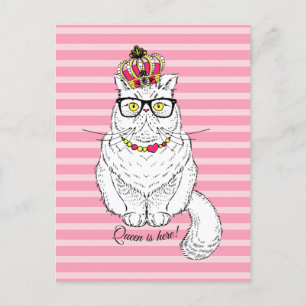 Carte Postale Faire-part Couronne de chat reine géométrique rose blanc