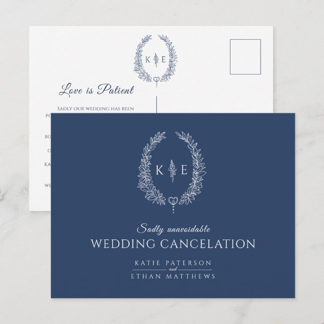Carte Postale Faire-part Couronne de feuilles ovales monogramme annulation  (Devant / Derrière)