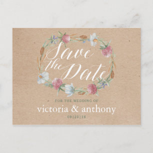 Carte Postale Faire-part Couronne de fleurs sauvages sur kraft country save
