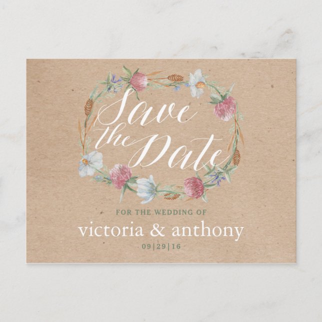 Carte Postale Faire-part Couronne de fleurs sauvages sur kraft country save (Devant)
