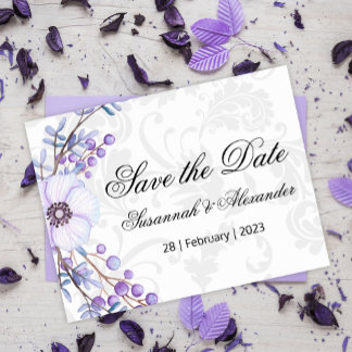 Carte Postale Faire-part Couronne de mariage fleurie violette avec des baie