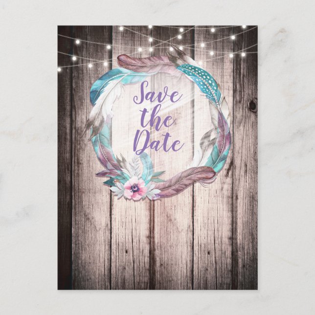 Carte Postale Faire-part Couronne de plumes Boho et gupe lumineuse Save the (Devant)