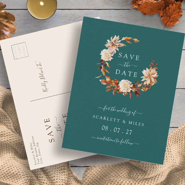 Carte Postale Faire-part Couronne de terre cuite d'automne Mariage Épargnez (Fall Terracotta Wreath Teal Wedding Save the Dates Announcement Postcard by Painted Paperie
)