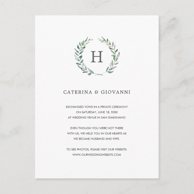 Carte Postale Faire-part Couronne de verdure Élégant Monogramme Mariage en  (Devant)